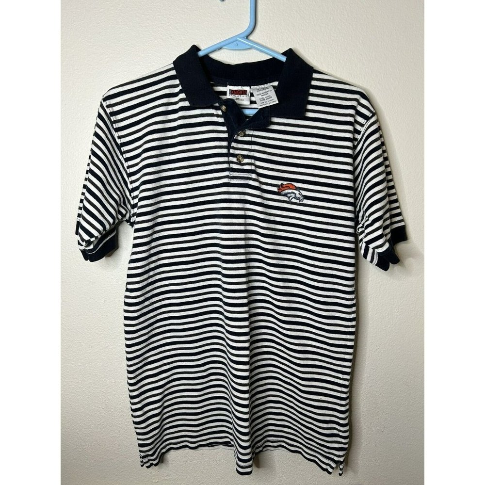 Vintage 90s Denver Broncos Iron Knights Polo Shirt Mens MD Gray Blue Stripes